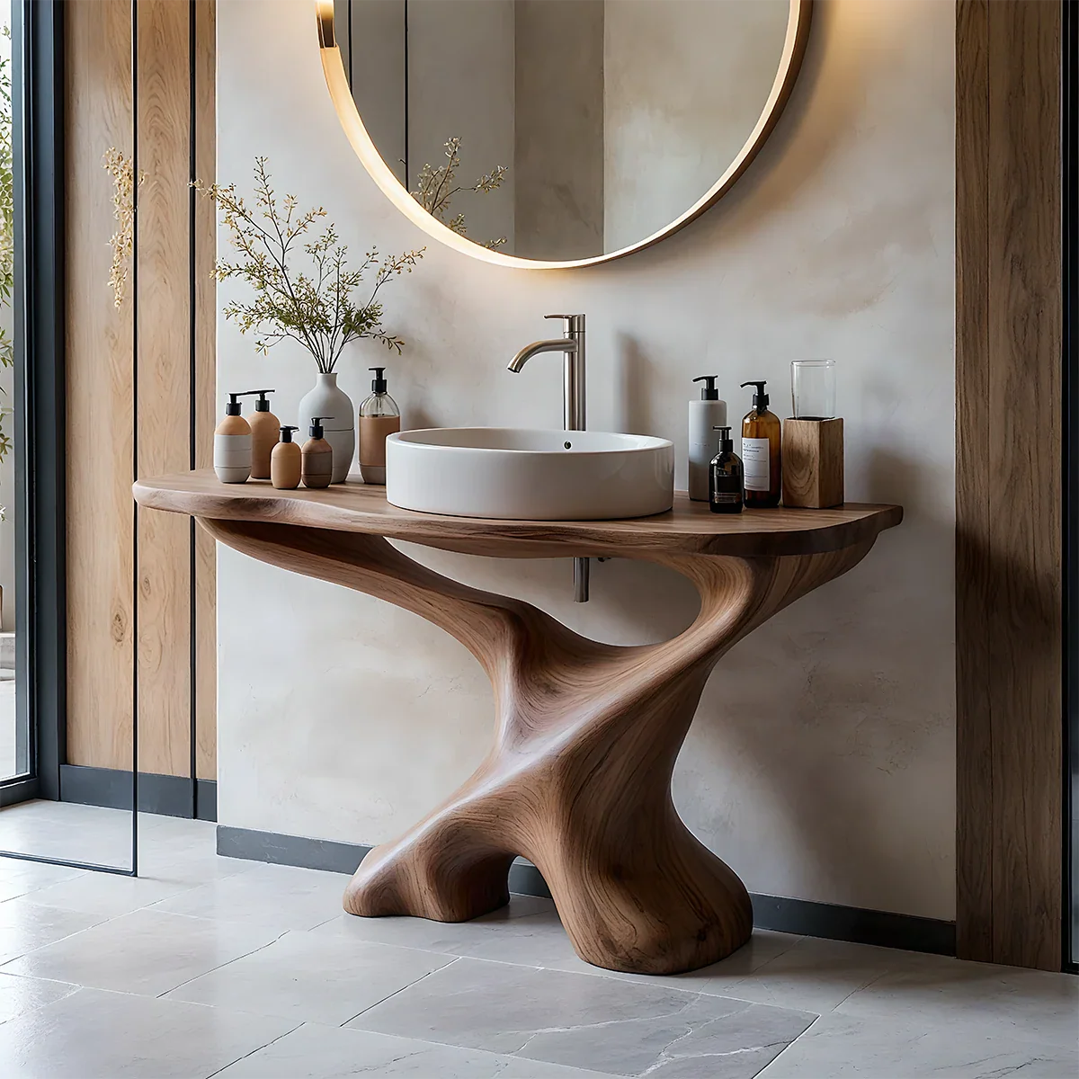 Sculptural Solid Wood Pedestal Vanity – Organic Modern Bathroom Sink Stand - Rustira