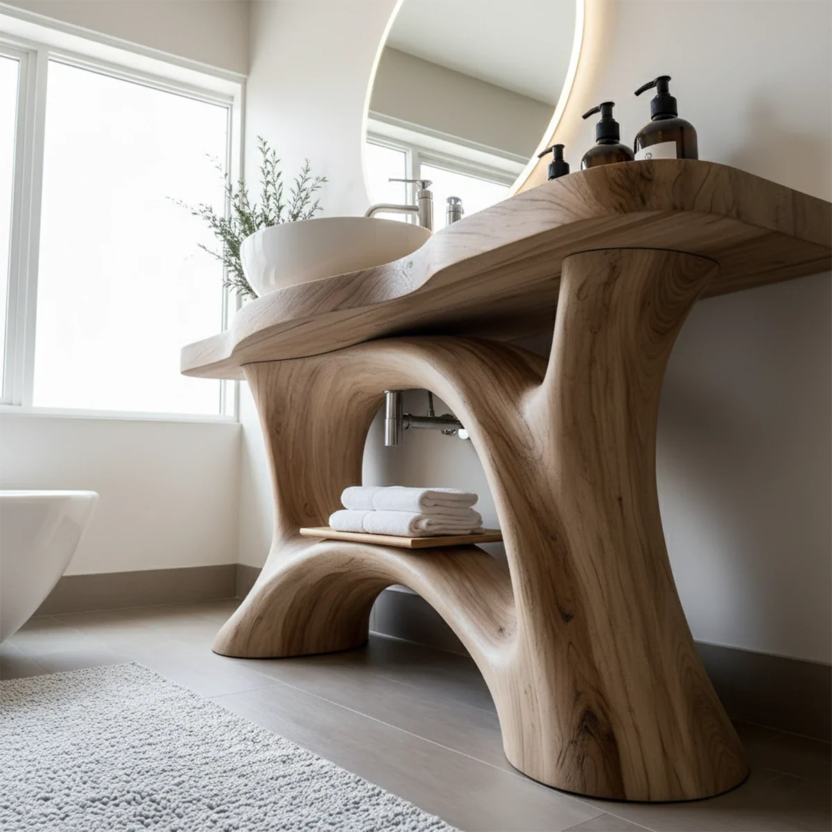 Sculptural Solid Wood Vanity with Organic Arched Base - Rustira