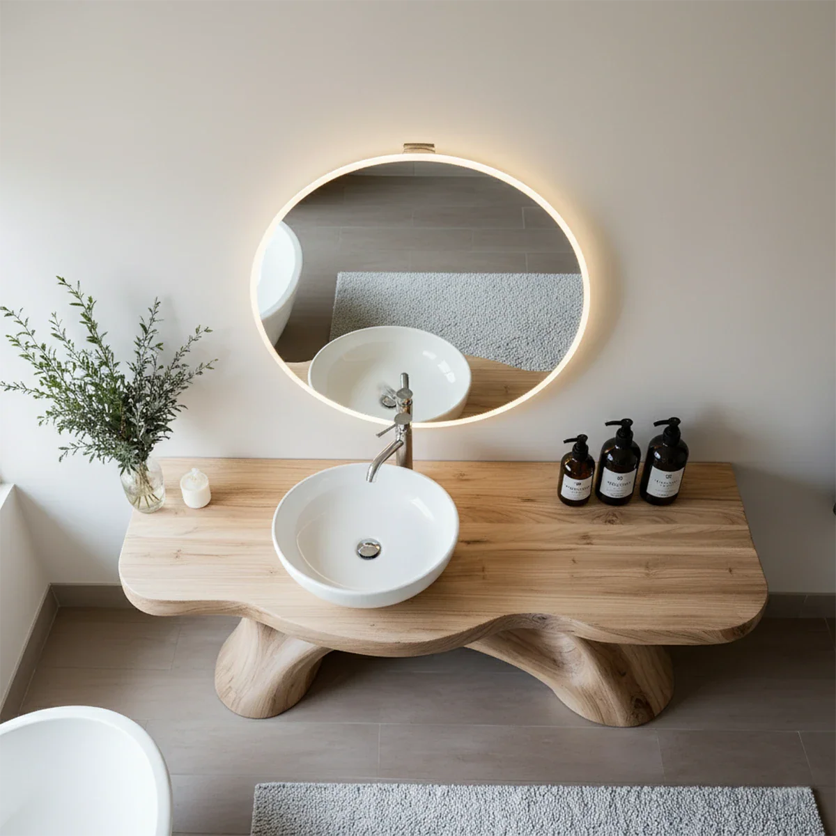 Sculptural Solid Wood Vanity with Organic Arched Base - Rustira