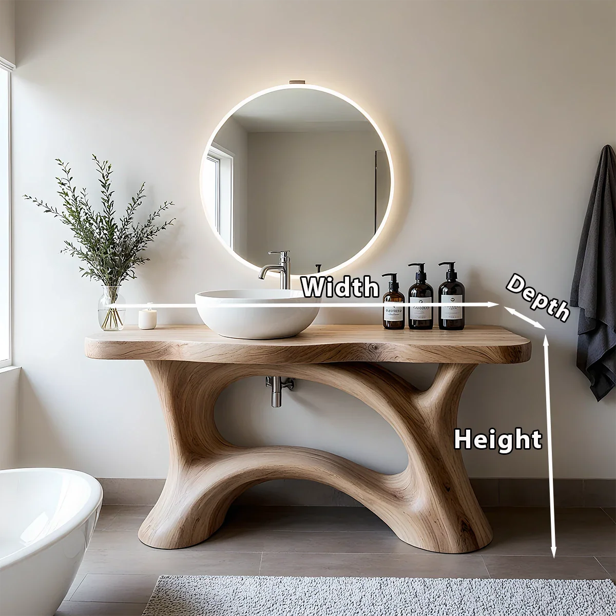 Sculptural Solid Wood Vanity with Organic Arched Base - Rustira