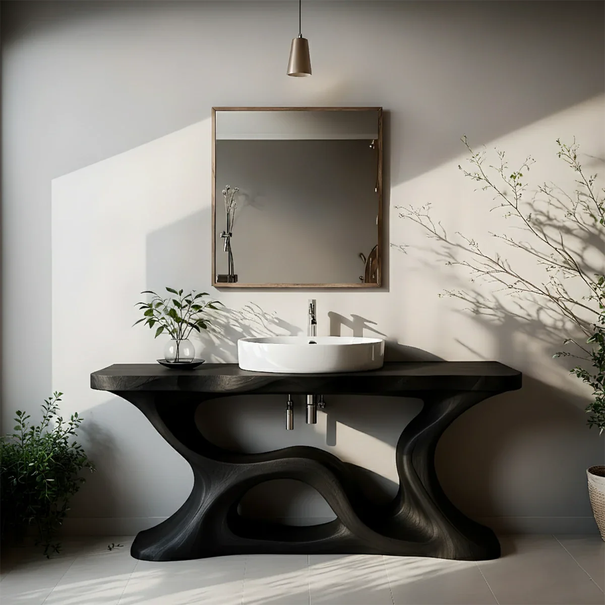 Sculptural Solid Wood Vanity with Organic Loop Base - Rustira