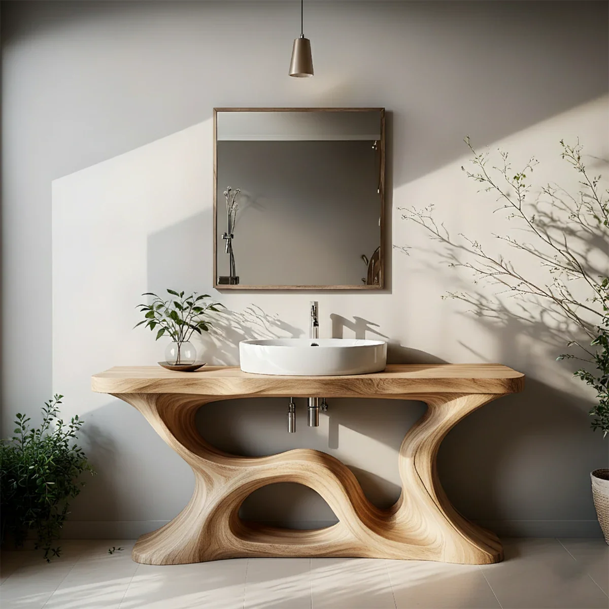 Sculptural Solid Wood Vanity with Organic Loop Base - Rustira