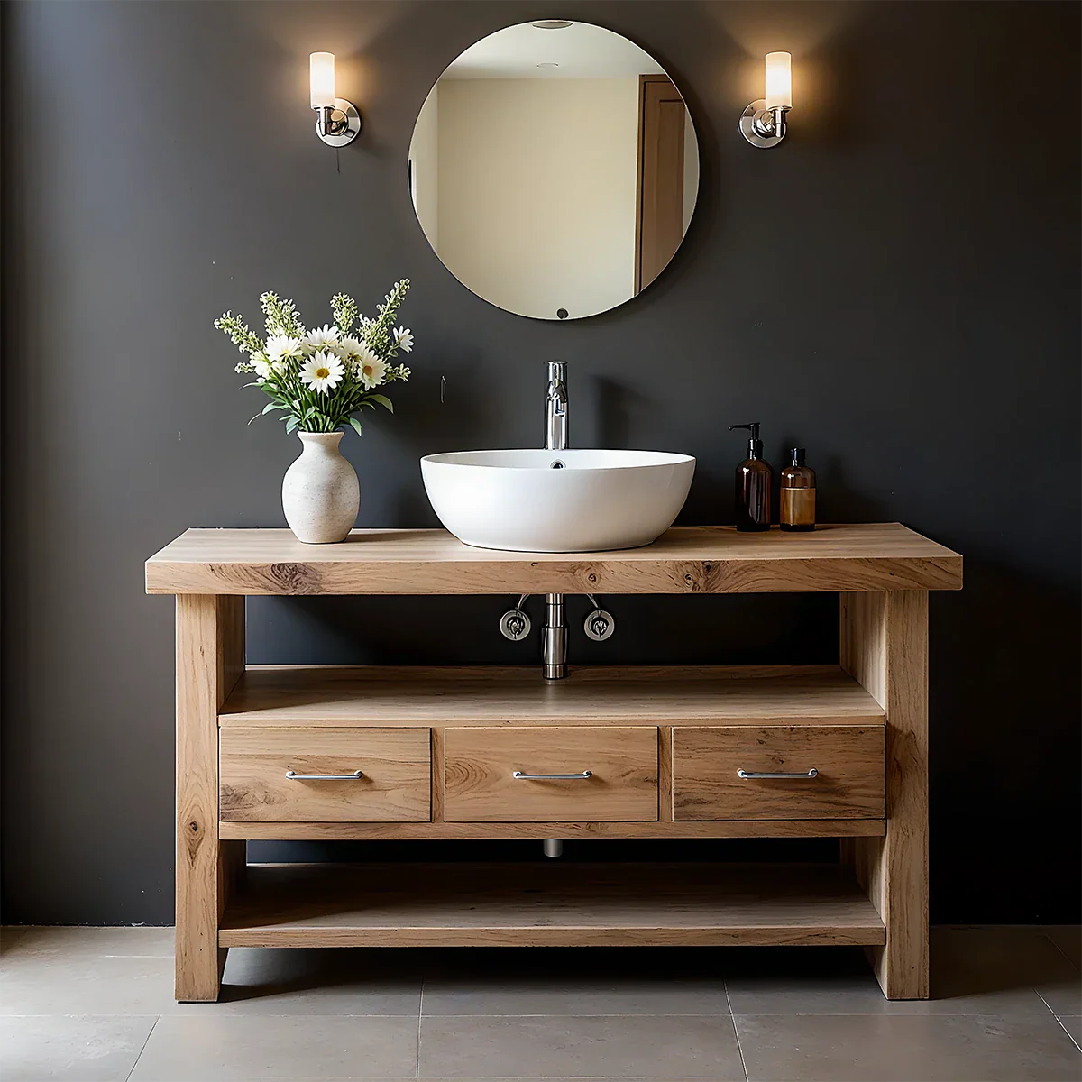 Single Sink Solid Wood Bathroom Vanity – Japandi Minimalist Design - Rustira