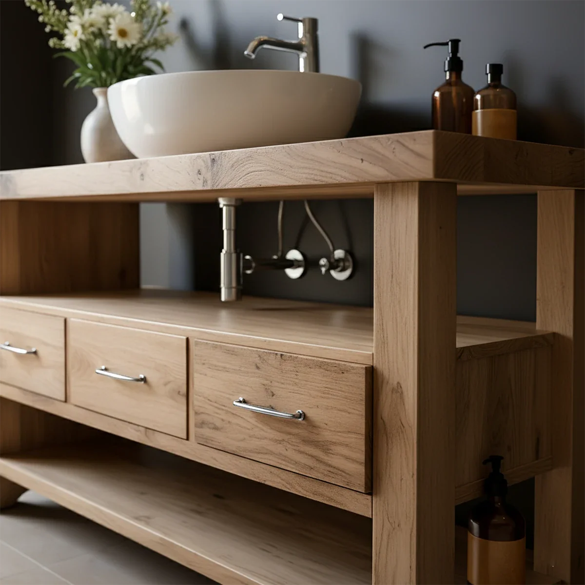 Single Sink Solid Wood Bathroom Vanity – Japandi Minimalist Design - Rustira