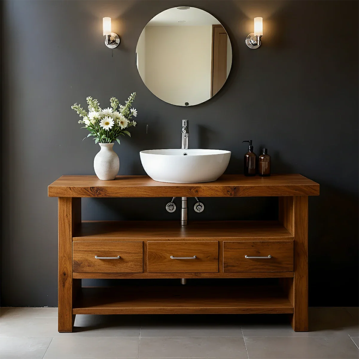 Single Sink Solid Wood Bathroom Vanity – Japandi Minimalist Design - Rustira