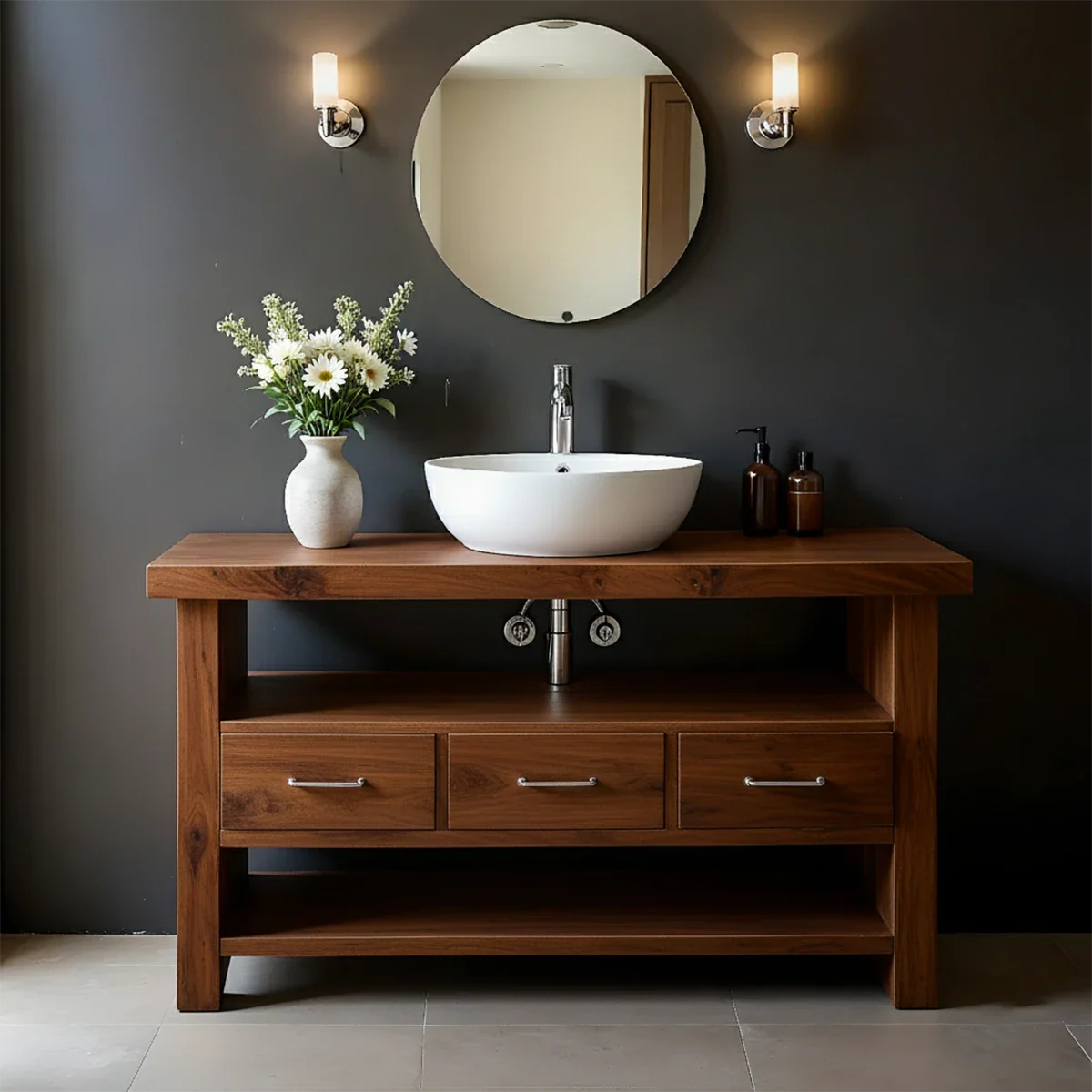 Single Sink Solid Wood Bathroom Vanity – Japandi Minimalist Design - Rustira