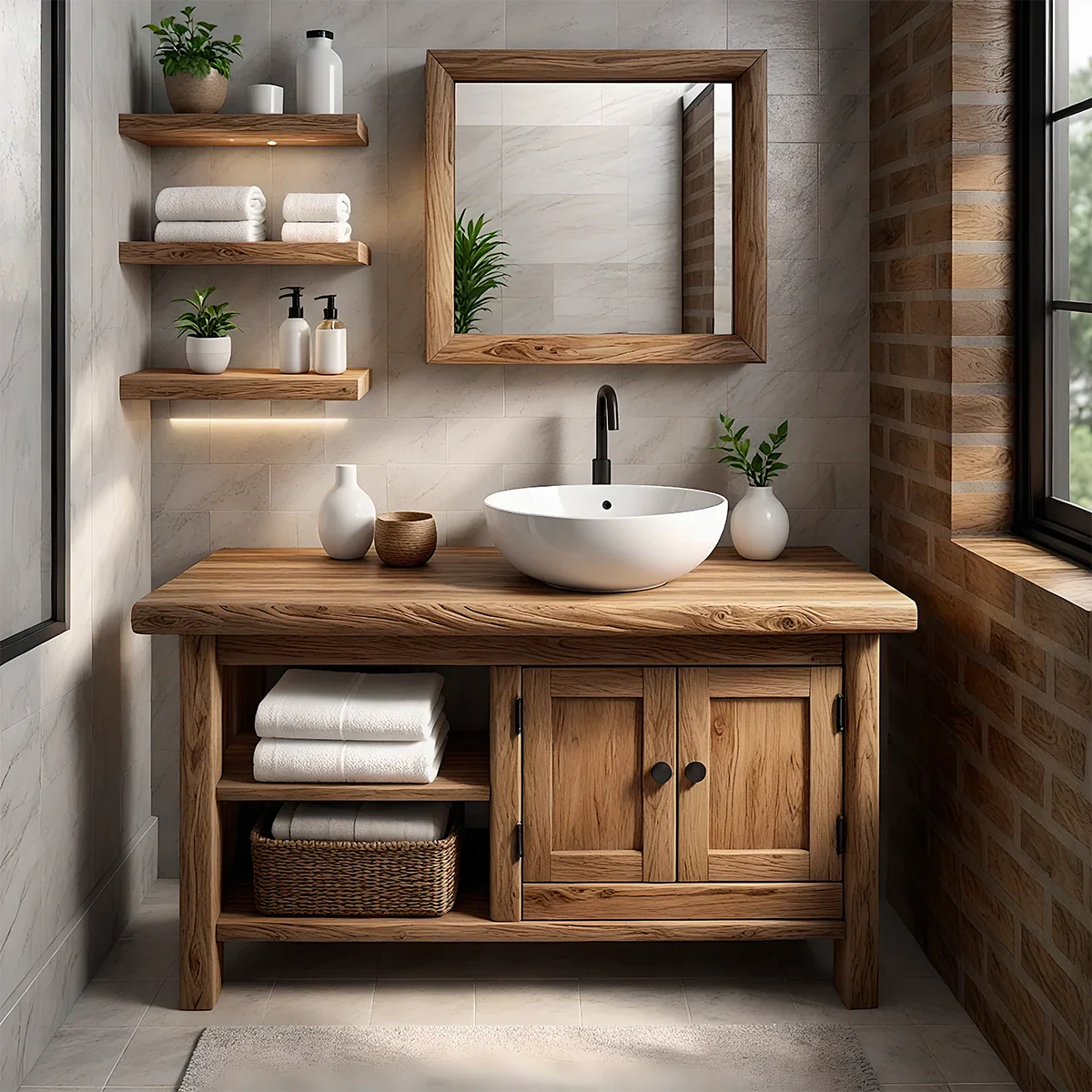 Solid Oak Bathroom Vanity – Natural Wood Cabinet with Open Shelf - Rustira