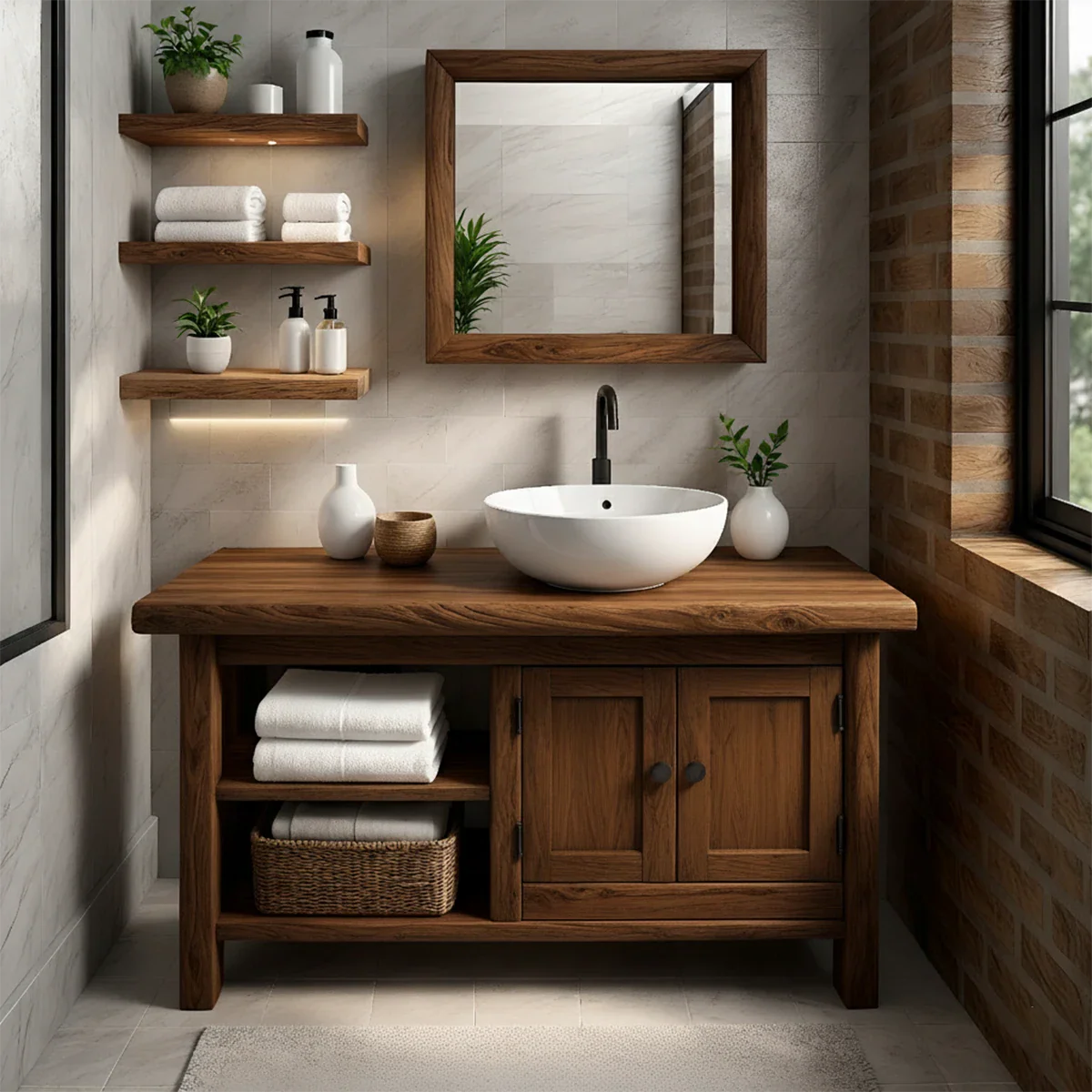 Solid Oak Bathroom Vanity – Natural Wood Cabinet with Open Shelf - Rustira