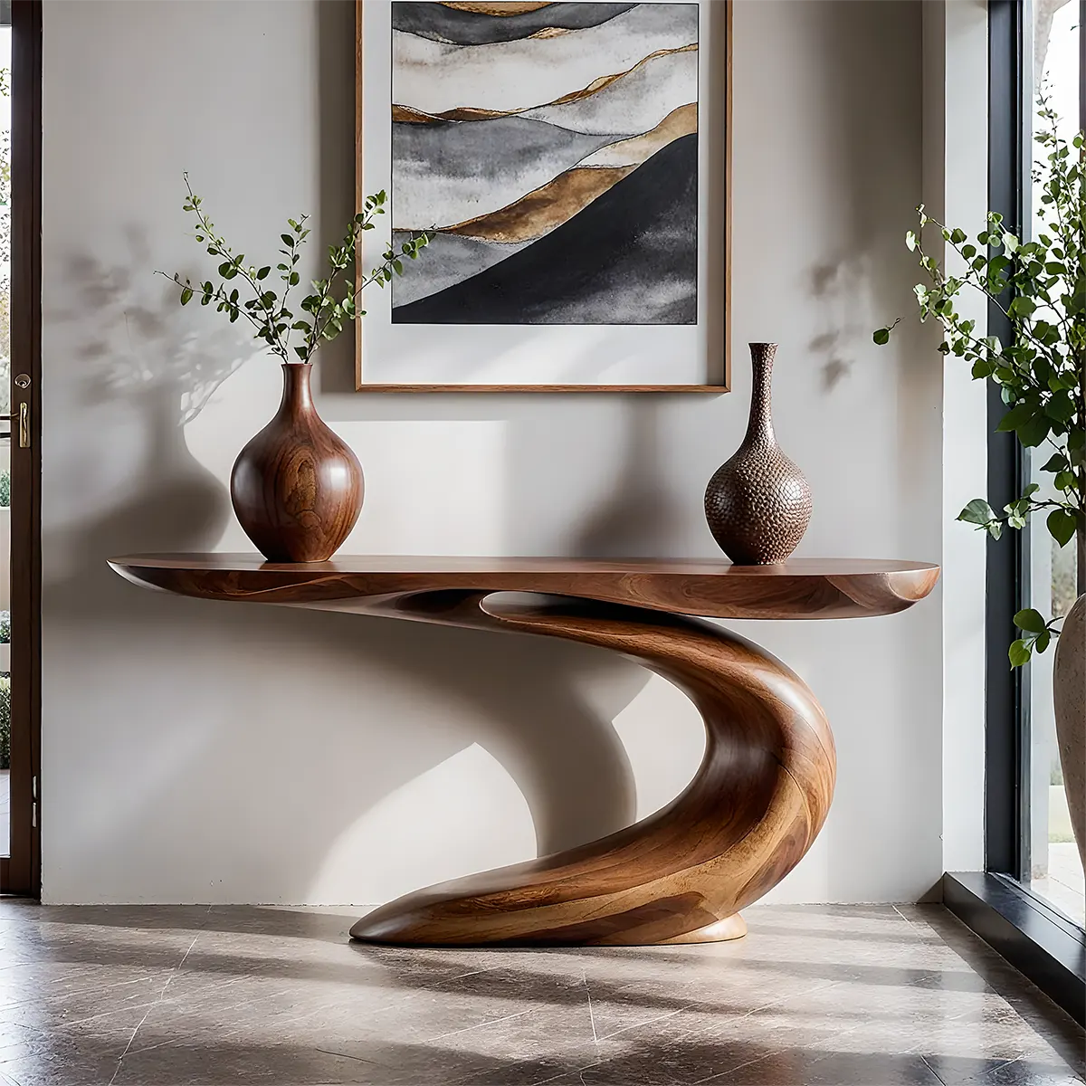 Solid Walnut Wave Console Table – Modern Sculptural Design - Rustira