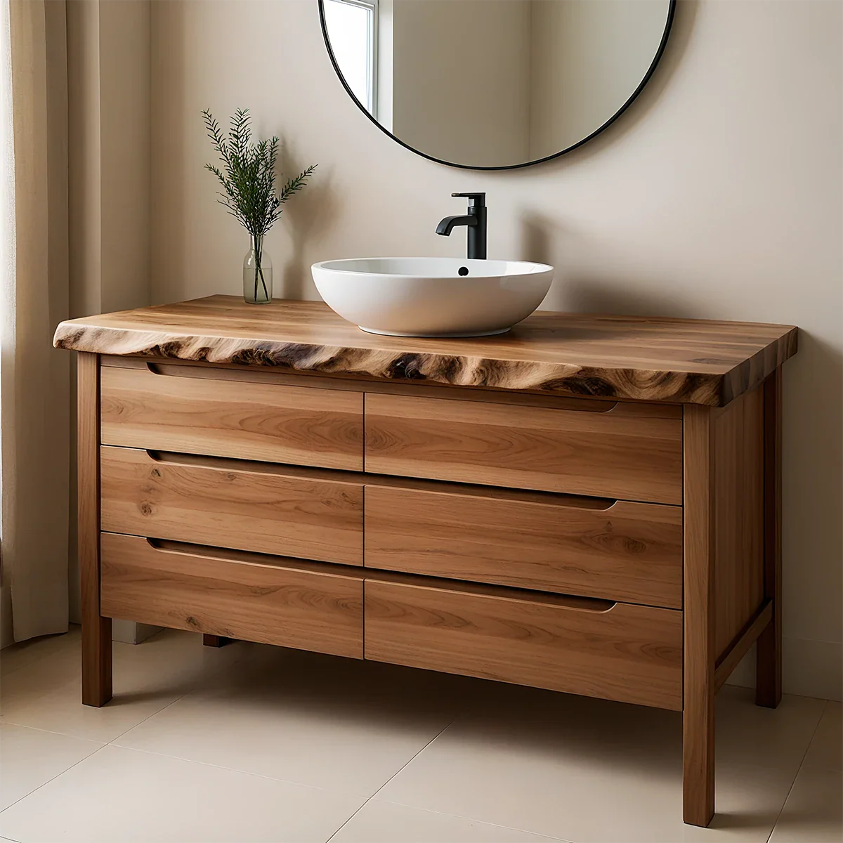 Solid Wood Bathroom Vanity with Live-Edge Countertop - Rustira