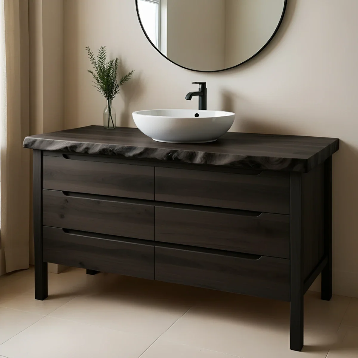Solid Wood Bathroom Vanity with Live-Edge Countertop - Rustira