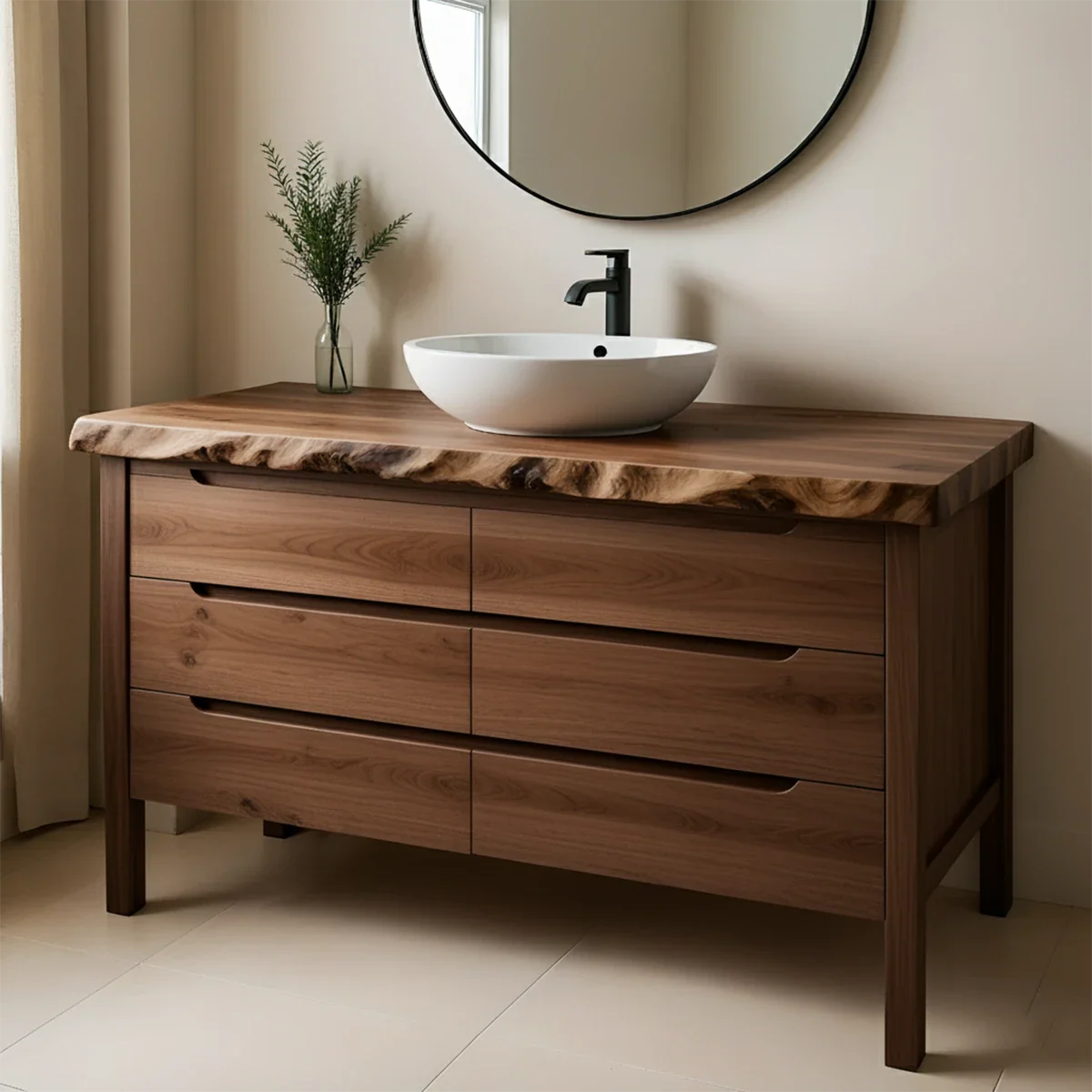Solid Wood Bathroom Vanity with Live-Edge Countertop - Rustira