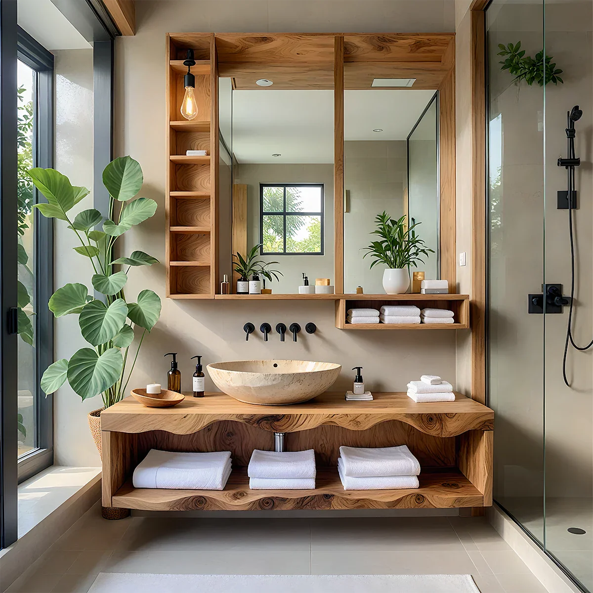 Solid Wood Bathroom Vanity with Open Shelves – Japandi Spa Console - Rustira