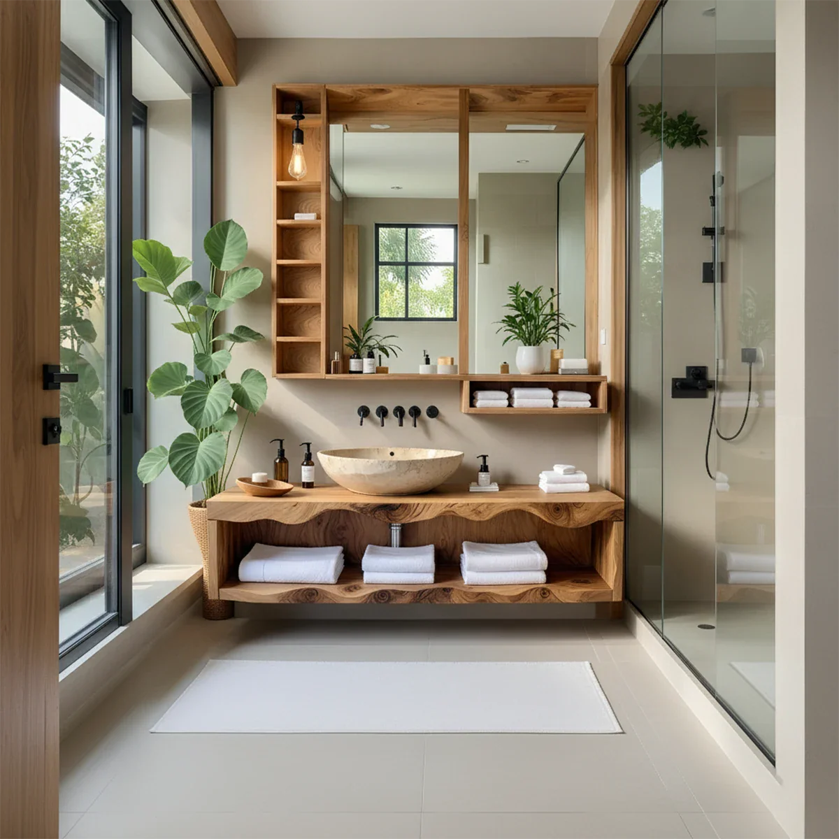 Solid Wood Bathroom Vanity with Open Shelves – Japandi Spa Console - Rustira