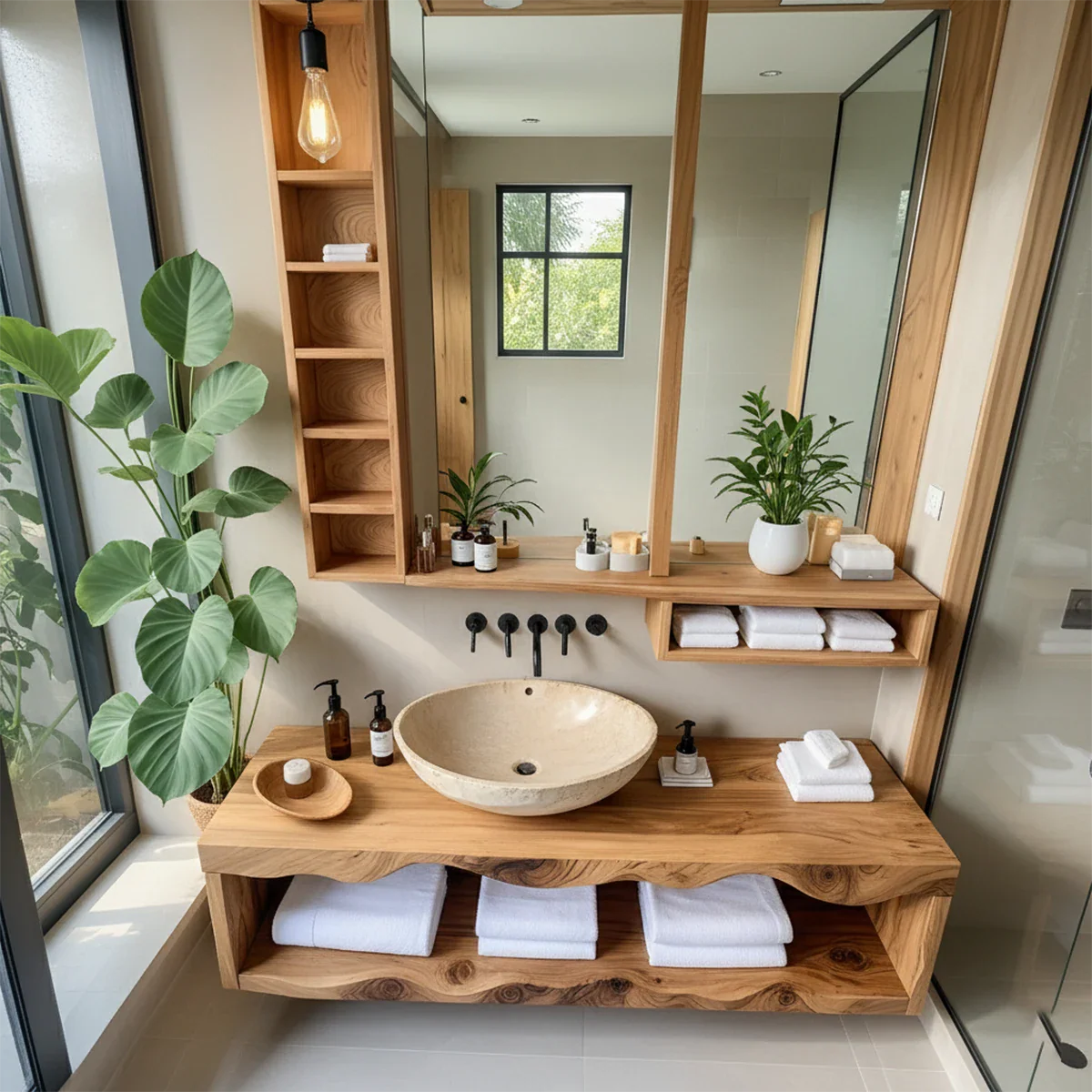 Solid Wood Bathroom Vanity with Open Shelves – Japandi Spa Console - Rustira