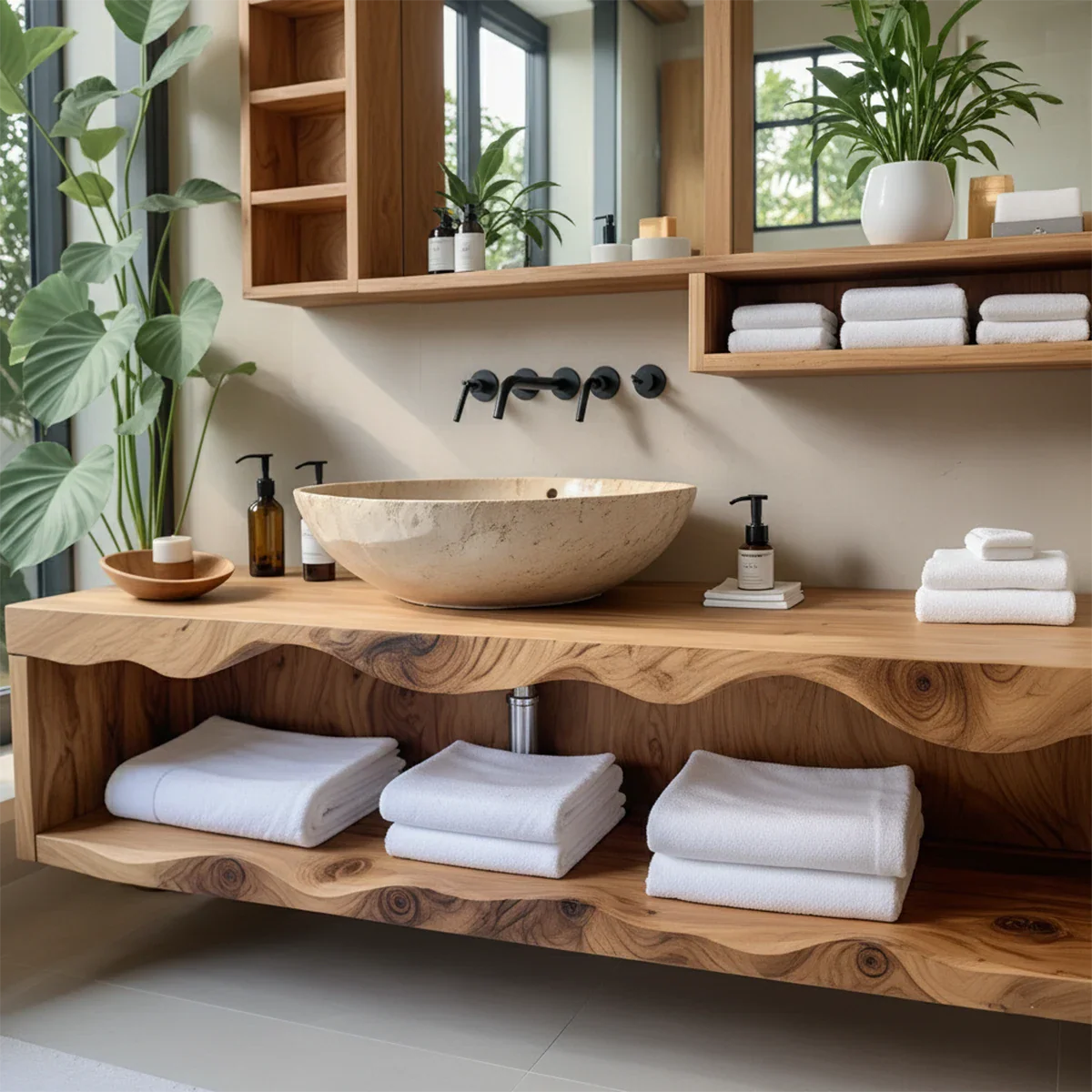 Solid Wood Bathroom Vanity with Open Shelves – Japandi Spa Console - Rustira