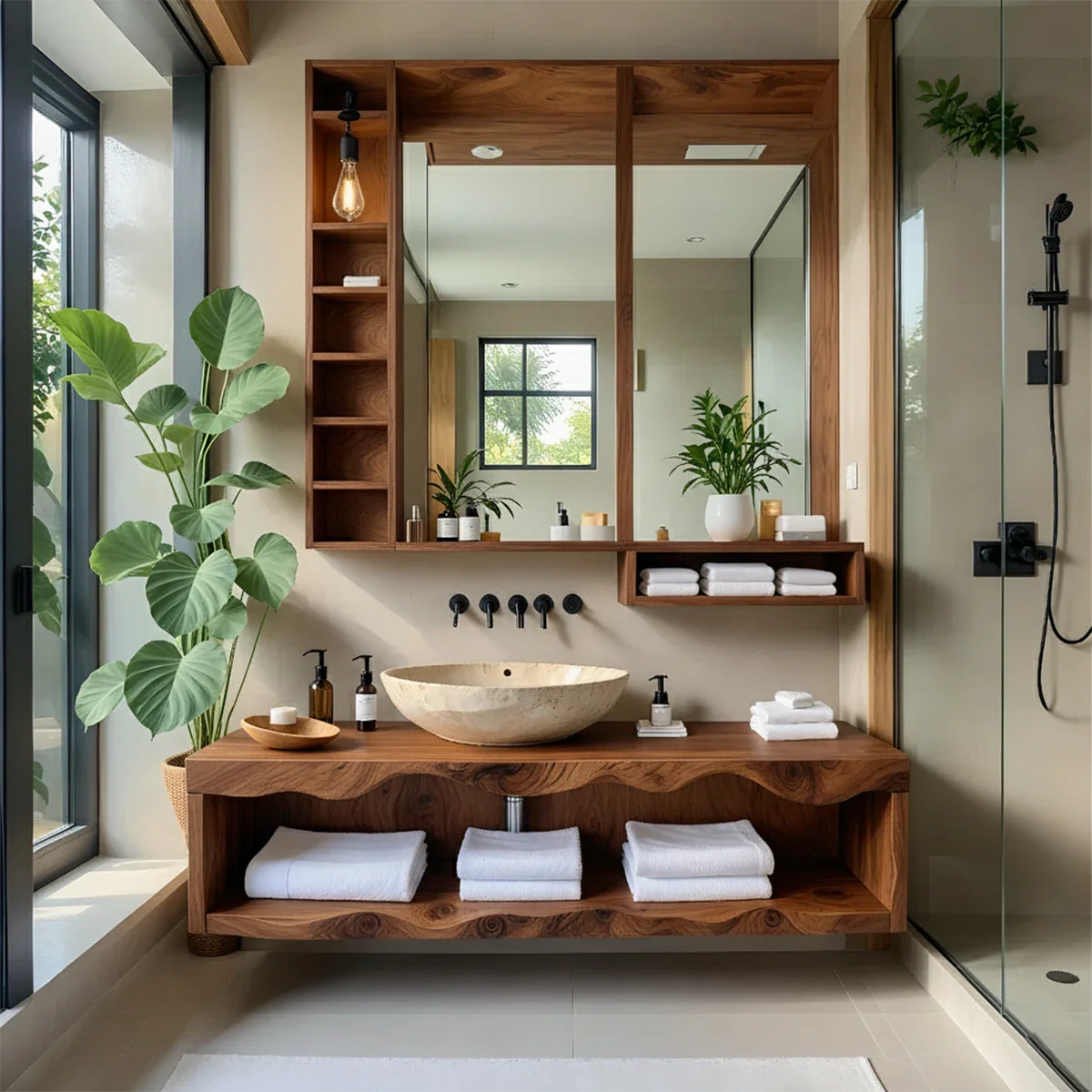 Solid Wood Bathroom Vanity with Open Shelves – Japandi Spa Console - Rustira