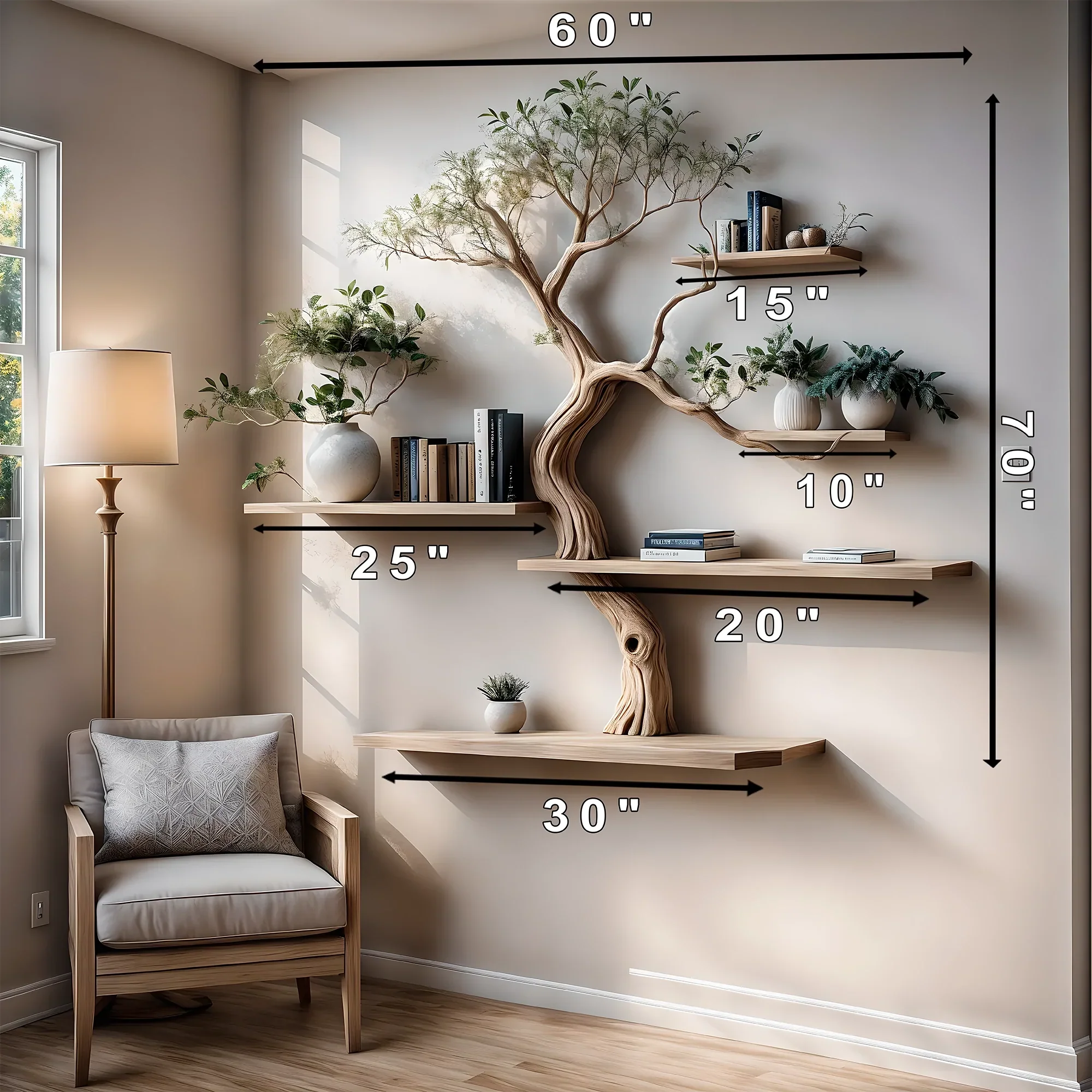 '-Bookshelf decorated with tree branches Solid wooden bookshelf for decoration