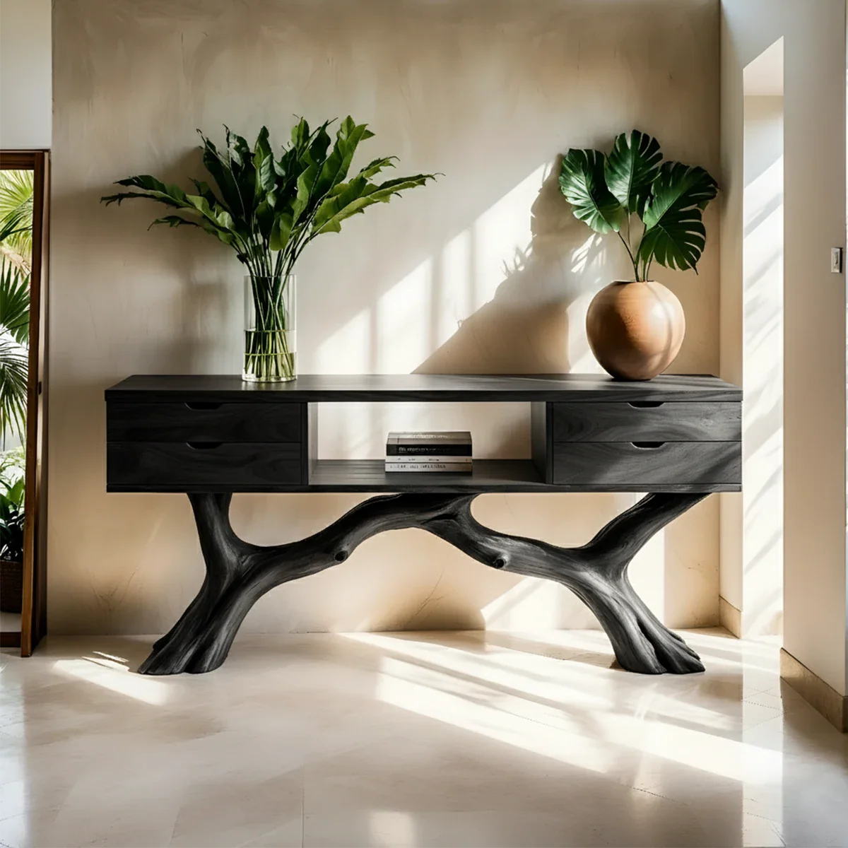 Solid Wood Console Table with Branch-Form Base & Storage Drawers - Rustira