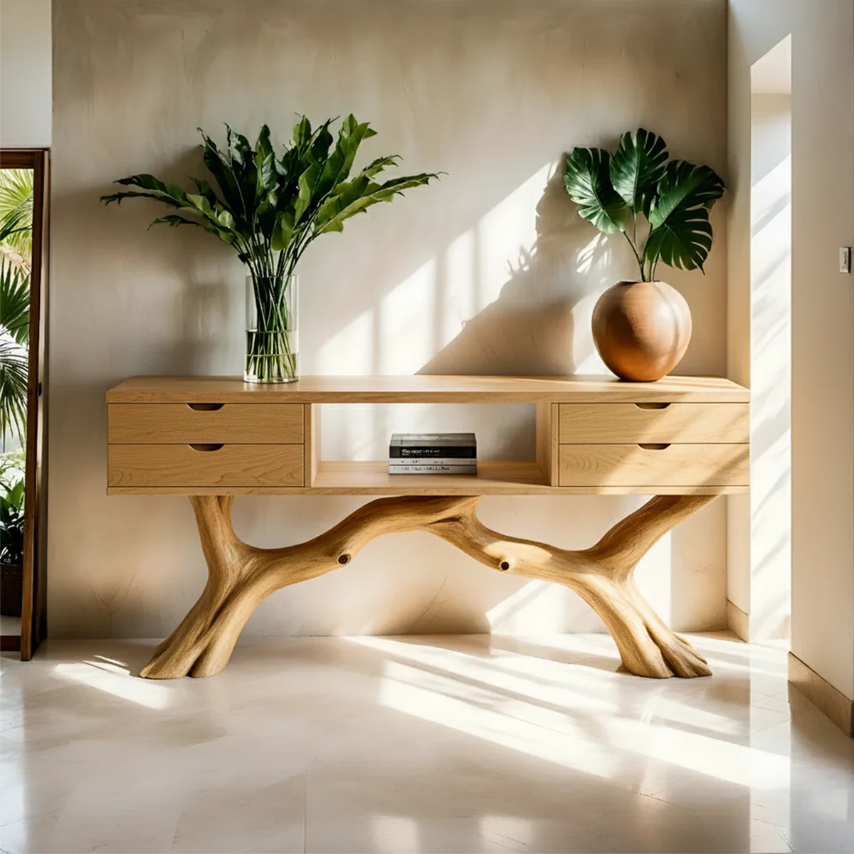 Solid Wood Console Table with Branch-Form Base & Storage Drawers - Rustira