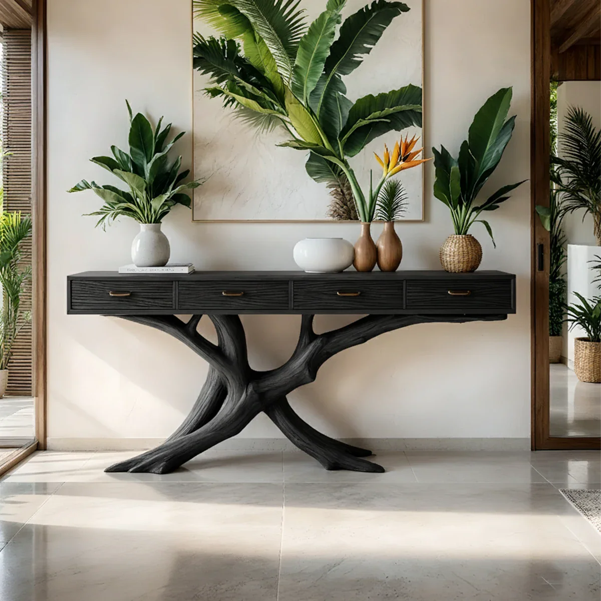 Solid Wood Console Table with Branch-Inspired Sculptural Base & Drawers - Rustira