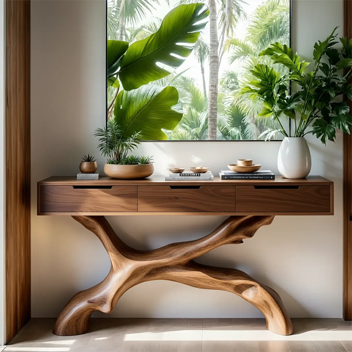 Solid Wood Console Table with Branch-Sculpted Base & Drawers - Rustira