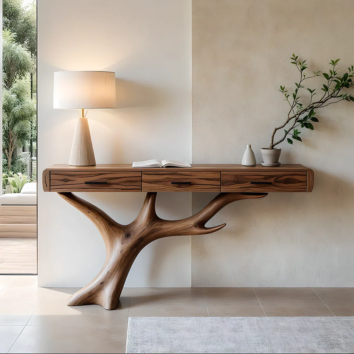 Solid Wood Console Table with Branch-Sculpted Base & Drawers - Rustira