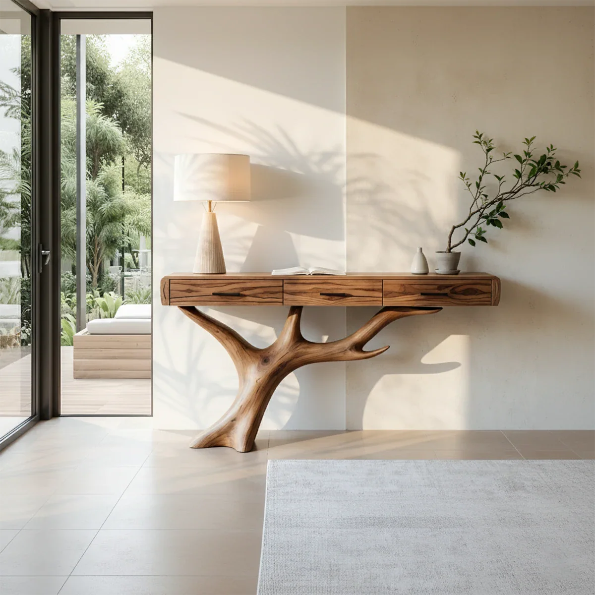 Solid Wood Console Table with Branch-Sculpted Base & Drawers - Rustira