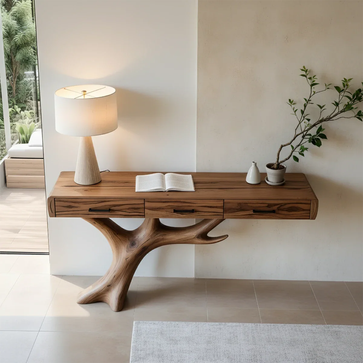Solid Wood Console Table with Branch-Sculpted Base & Drawers - Rustira