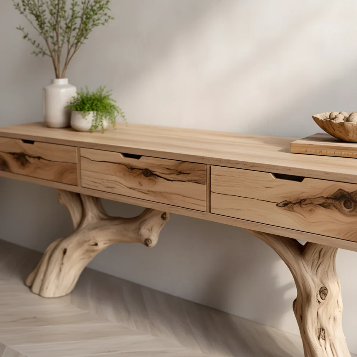 Solid Wood Console Table with Branch-Style Base & Hidden Pull Drawers - Rustira