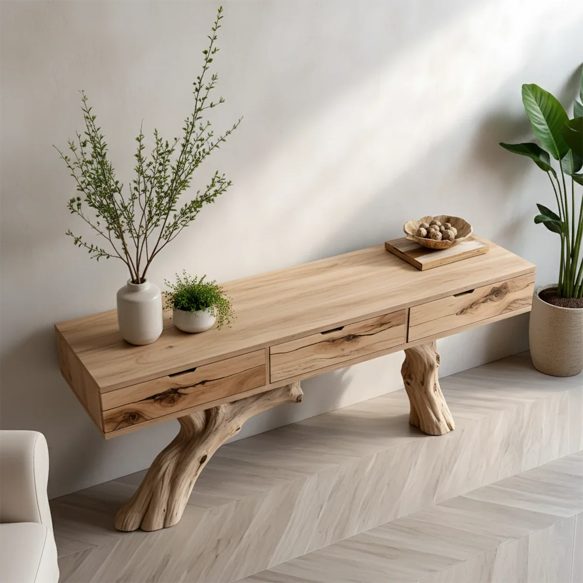 Solid Wood Console Table with Branch-Style Base & Hidden Pull Drawers - Rustira
