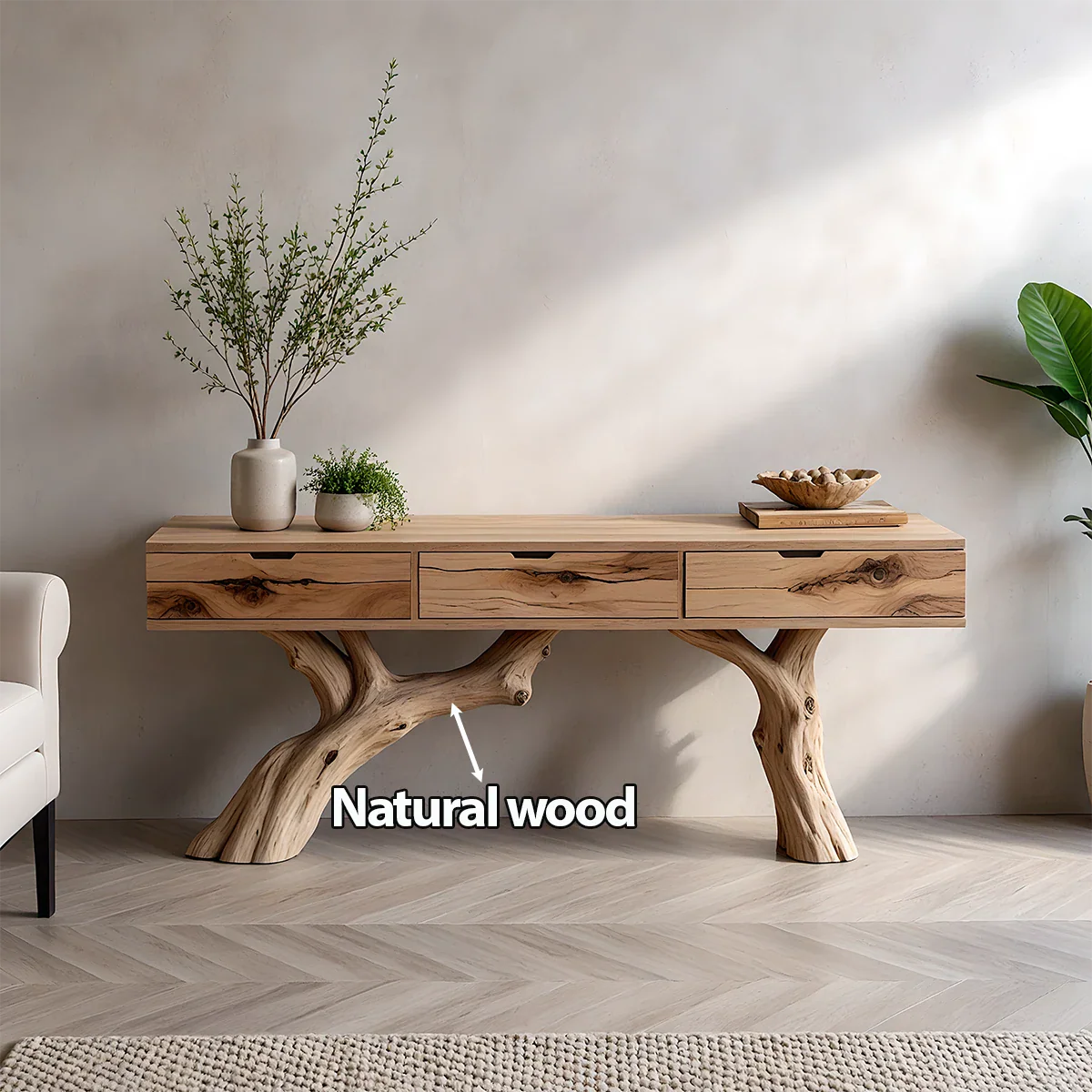 Solid Wood Console Table with Branch-Style Base & Hidden Pull Drawers - Rustira