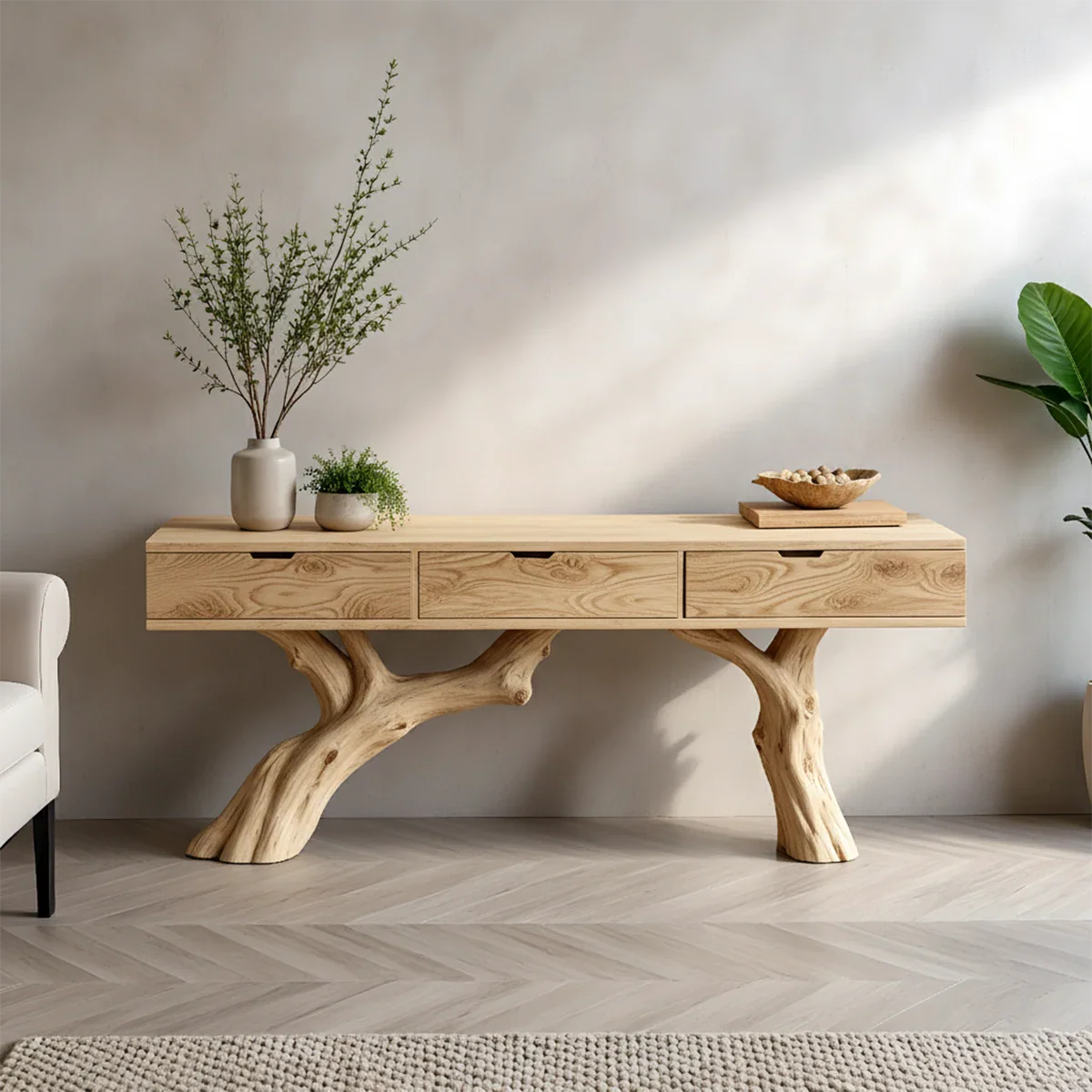 Solid Wood Console Table with Branch-Style Base & Hidden Pull Drawers - Rustira