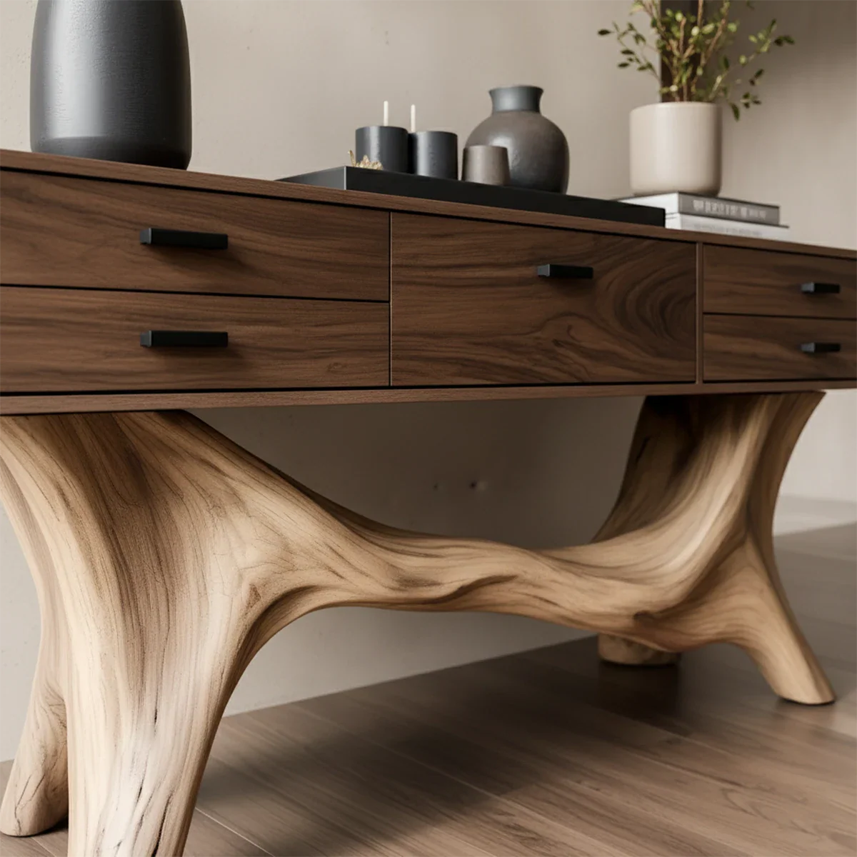 Solid Wood Console Table with Curved Branch Base & Drawers - Rustira