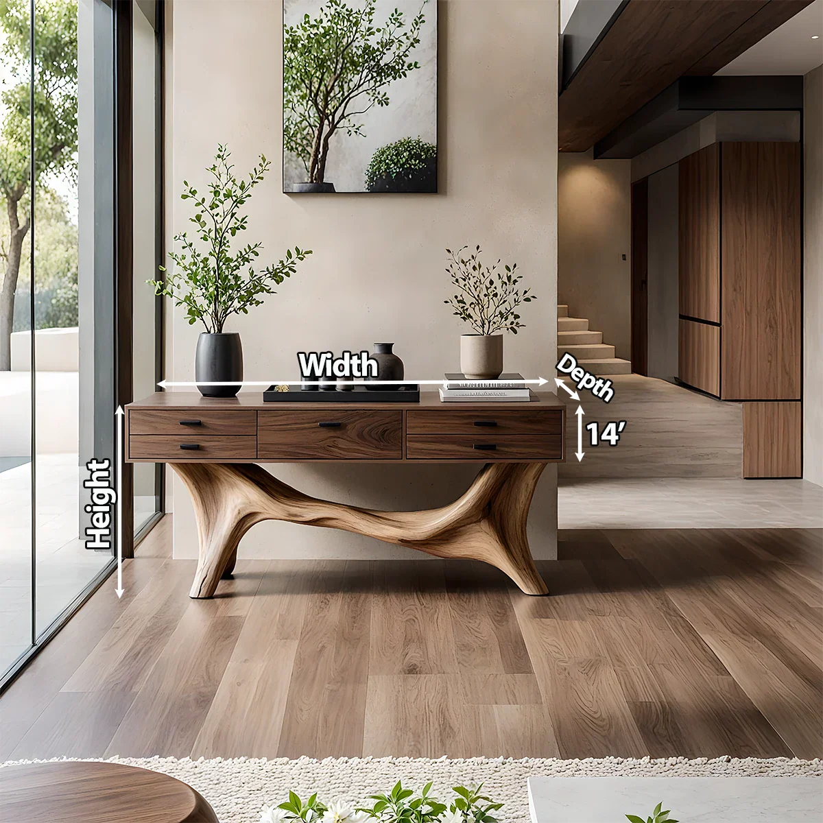 Solid Wood Console Table with Curved Branch Base & Drawers - Rustira