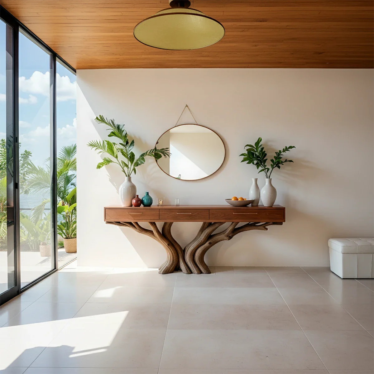 Solid Wood Console Table with Double Tree-Root Sculptural Base & Drawers - Rustira