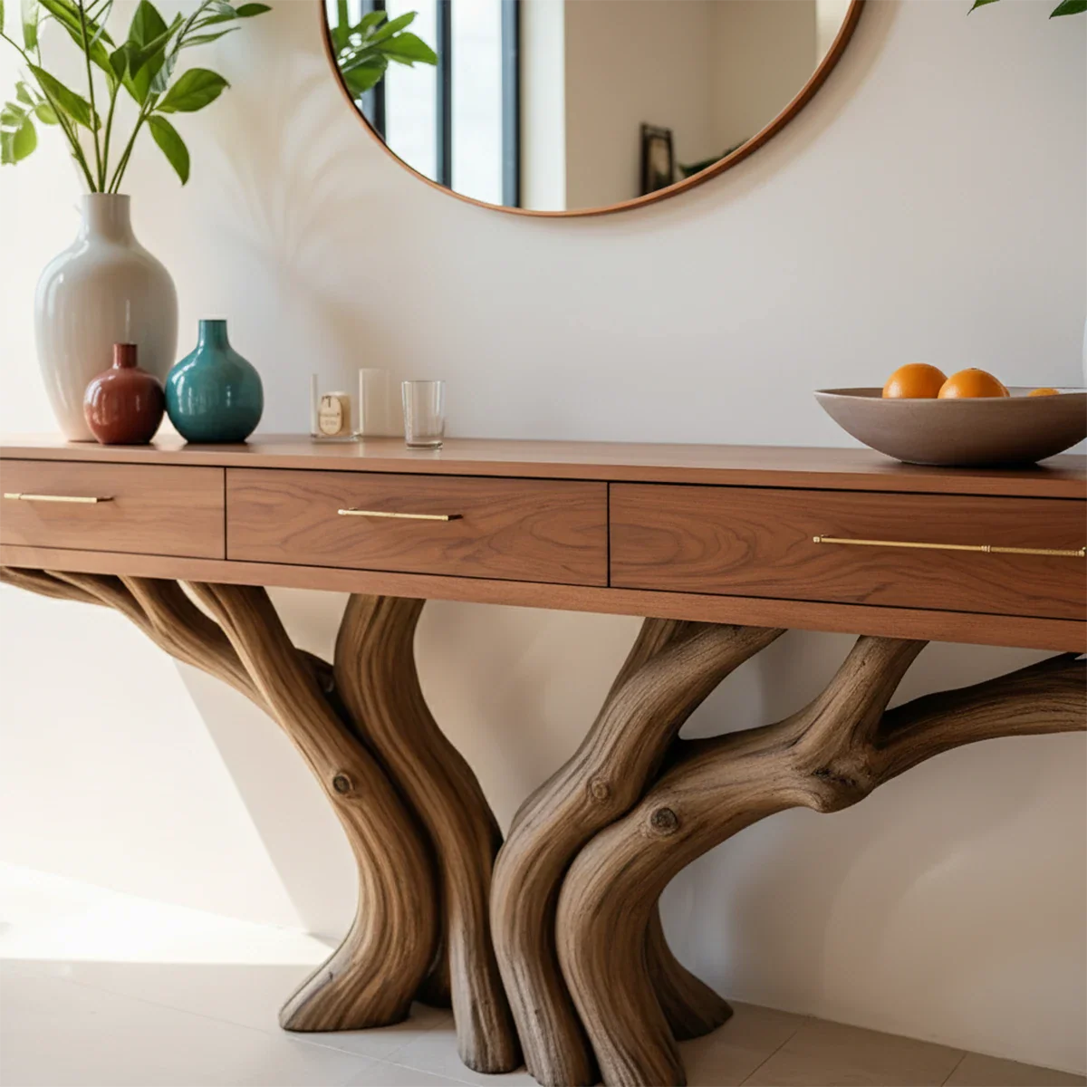 Solid Wood Console Table with Double Tree-Root Sculptural Base & Drawers - Rustira