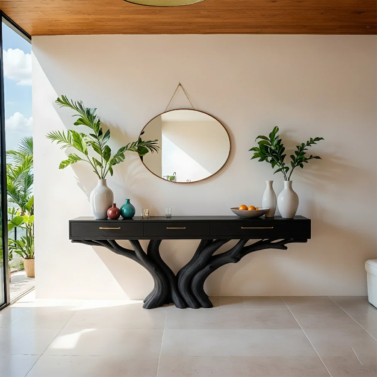 Solid Wood Console Table with Double Tree-Root Sculptural Base & Drawers - Rustira