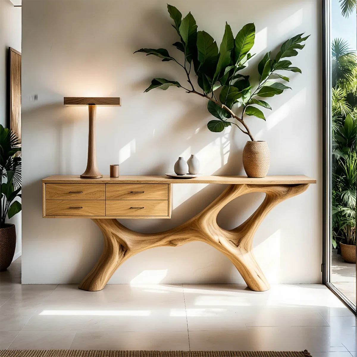 Solid Wood Console Table with Fluid Sculptural Base & Drawers - Rustira