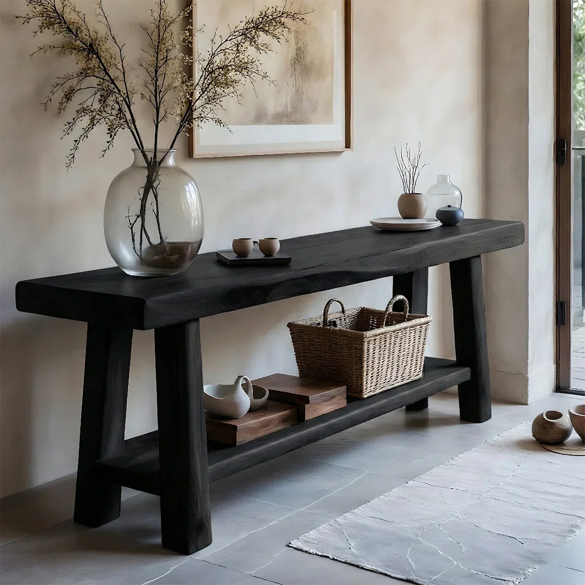 Solid Wood Console Table with Lower Shelf – Modern Natural Craft - Rustirawood