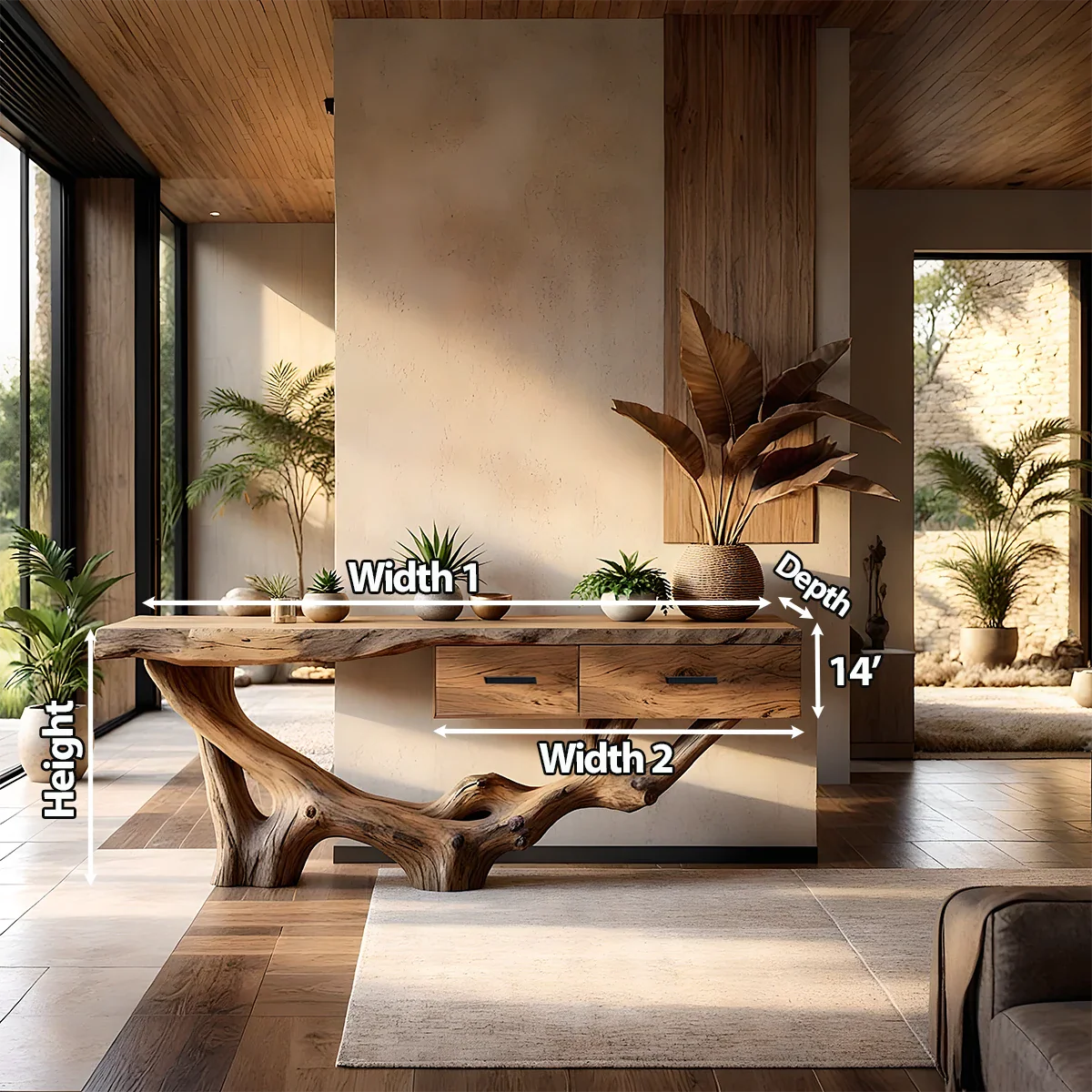 Solid Wood Console Table with Raw-Edge Top & Sculpted Root-Form Base - Rustira