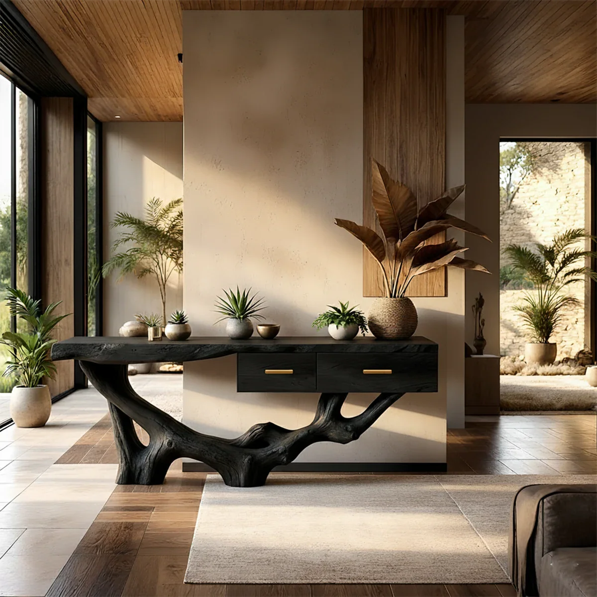 Solid Wood Console Table with Raw-Edge Top & Sculpted Root-Form Base - Rustira