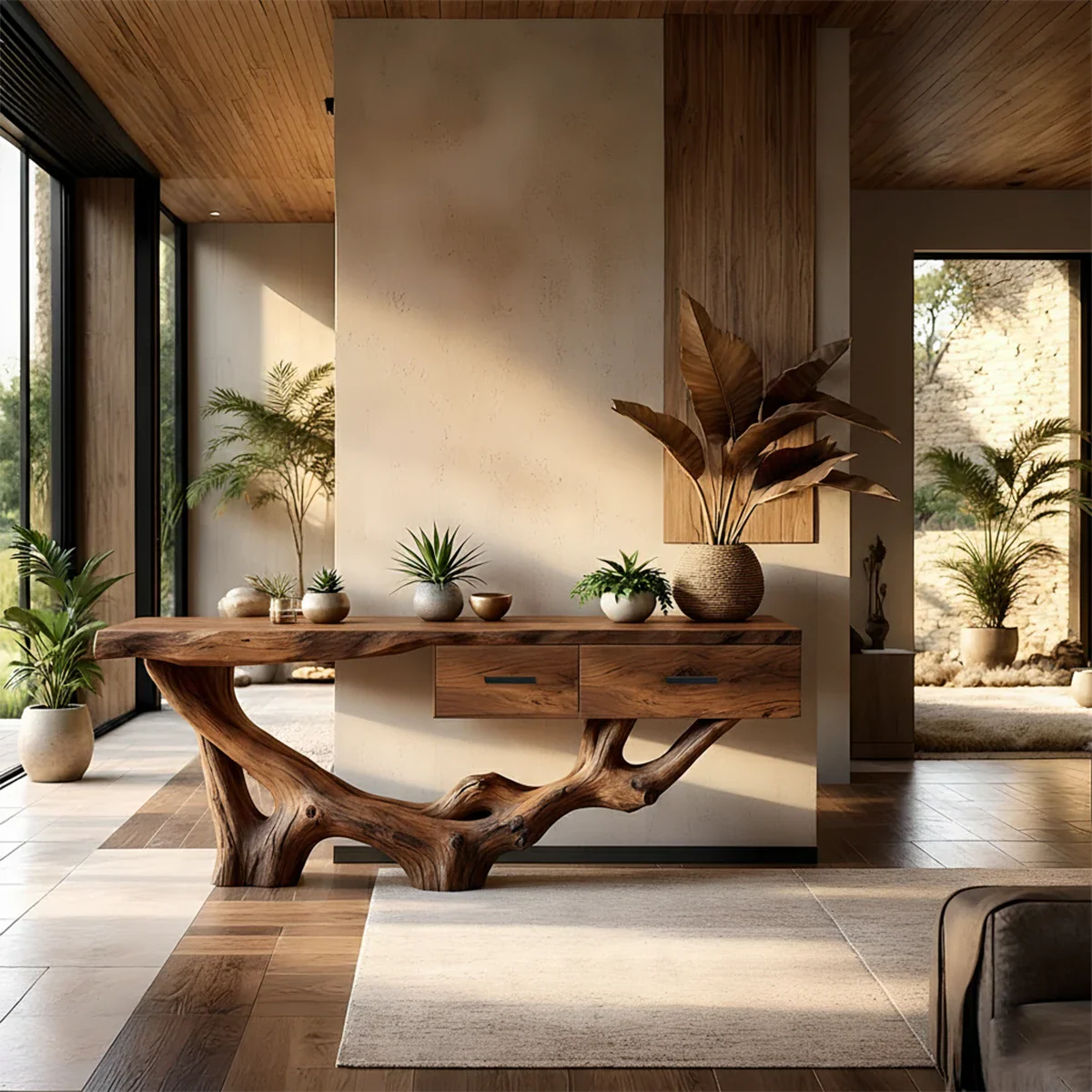 Solid Wood Console Table with Raw-Edge Top & Sculpted Root-Form Base - Rustira