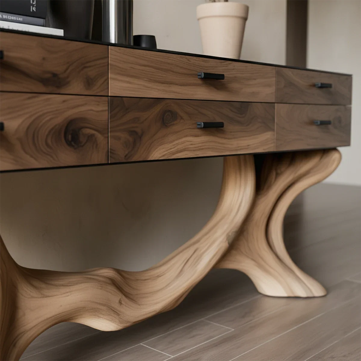 Solid Wood Console Table with Sculpted Branch-Form Base & Drawers - Rustira