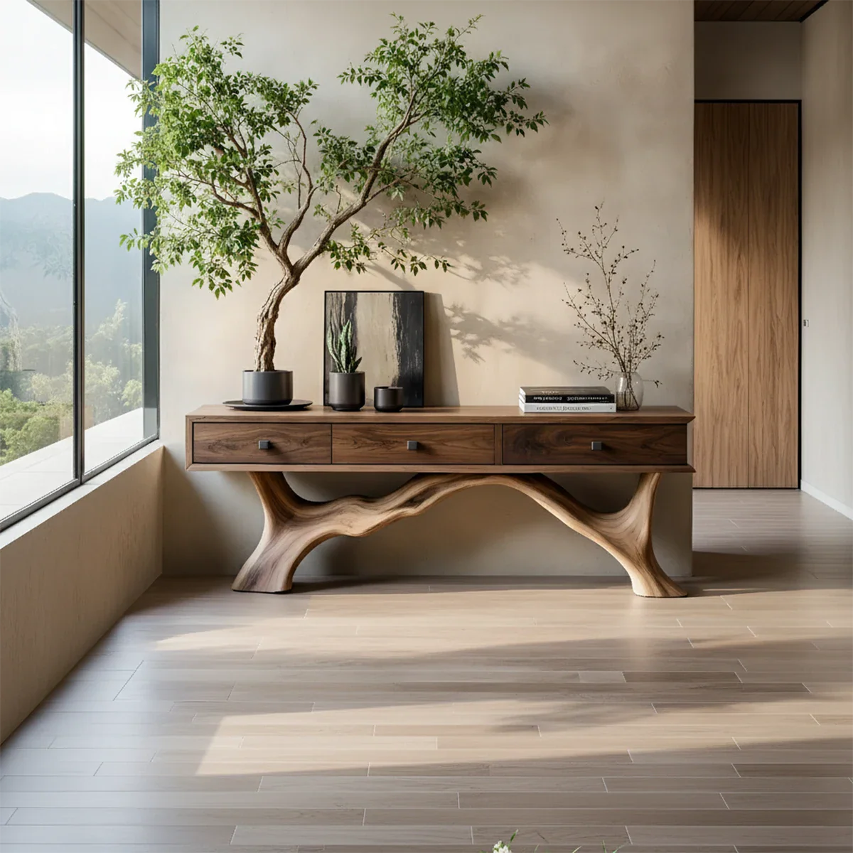Solid Wood Console Table with Sculpted Root-Inspired Base & Drawers - Rustira