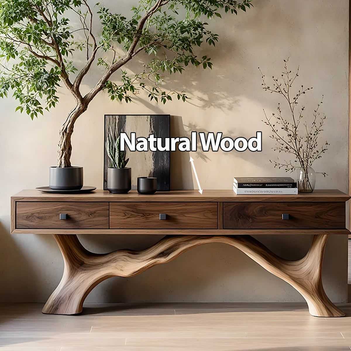 Solid Wood Console Table with Sculpted Root-Inspired Base & Drawers - Rustira