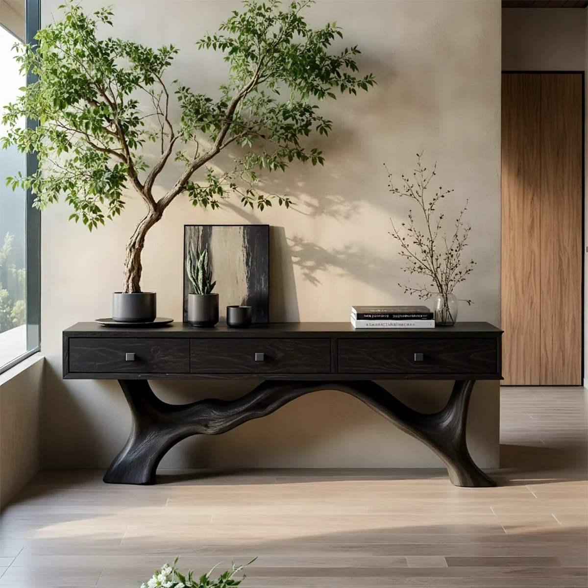 Solid Wood Console Table with Sculpted Root-Inspired Base & Drawers - Rustira