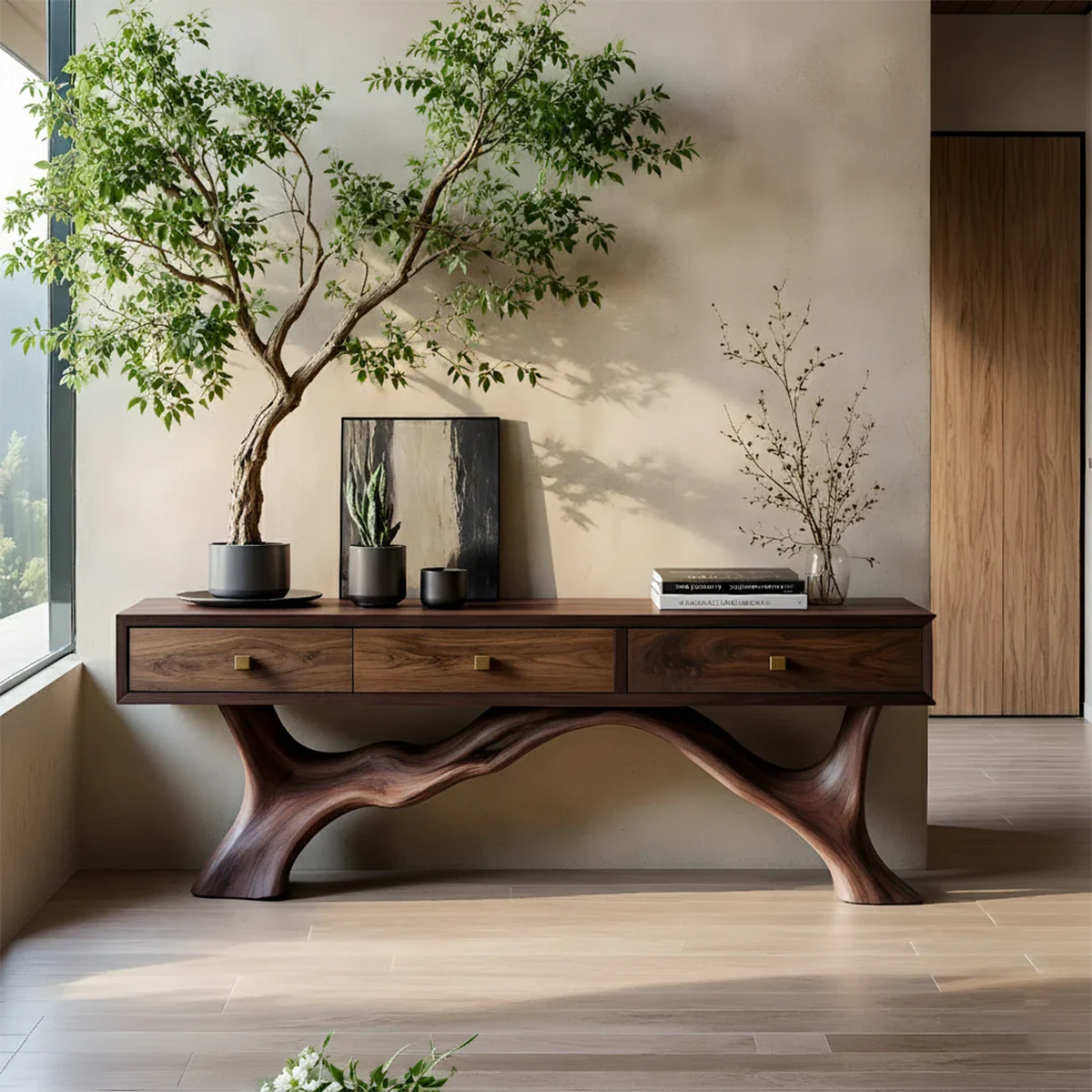 Solid Wood Console Table with Sculpted Root-Inspired Base & Drawers - Rustira