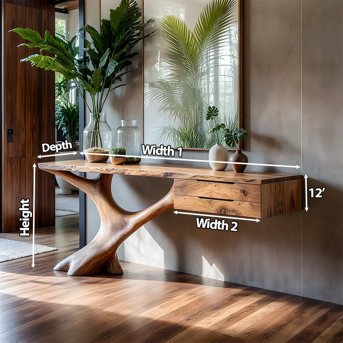 Solid Wood Console Table with Sculpted Tree-Root Base & Floating Drawers - Rustira