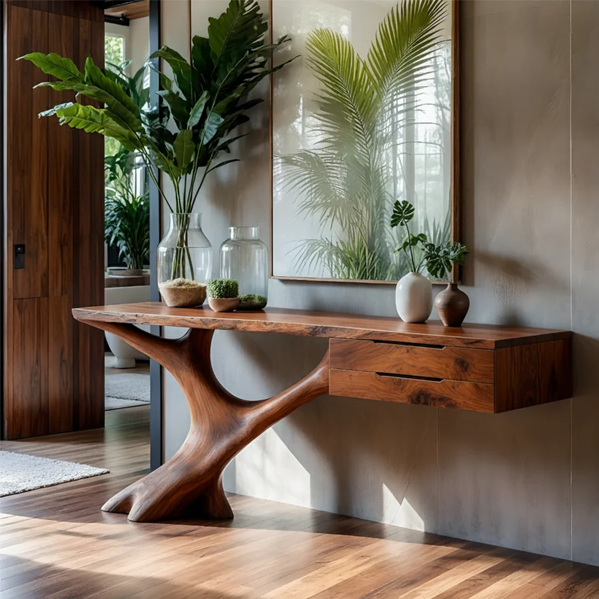 Solid Wood Console Table with Sculpted Tree-Root Base & Floating Drawers - Rustira